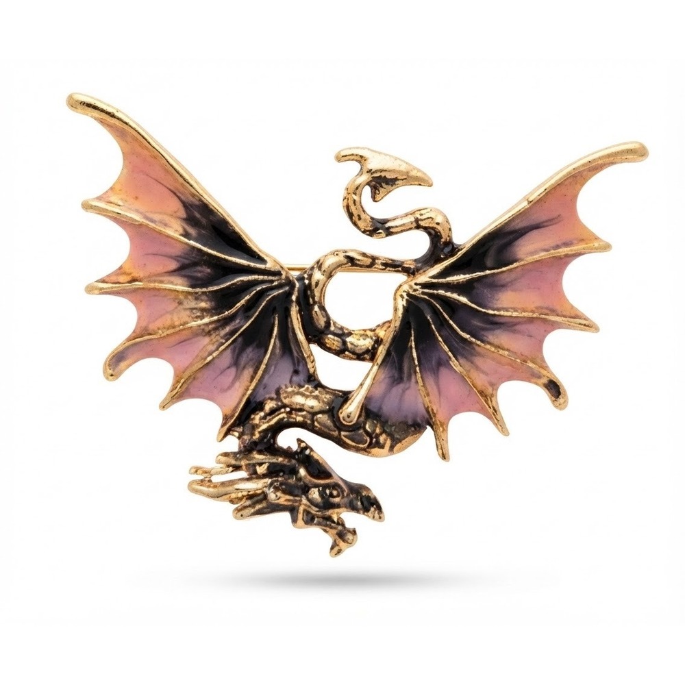 Vintage Style Gold Tone Pink Purple Enamel Dragon Brooch Mythical Fantasy Pin